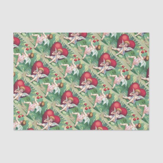 キューピッよくはしゃぐズレトロかわいいヴィンテージバレンタインハート 薄葉紙 (正面)