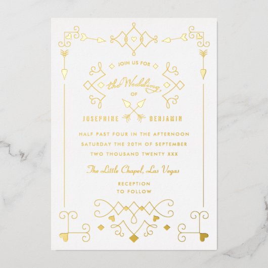キューピッエレガントドアローズハートラスベガス金ゴールド 箔招待状 (正面)