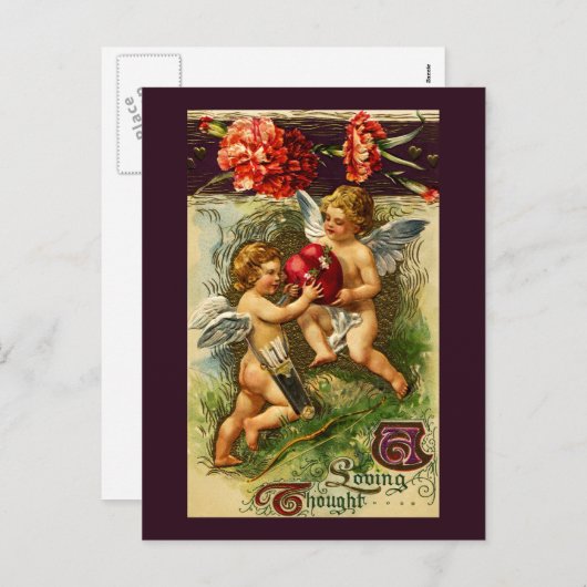 キューピッドおよびカーネーションのヴィンテージのバレンタイン シーズンポストカード (正面/裏面)