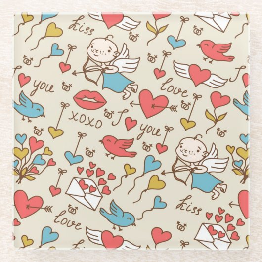 キューピッドが付いているバレンタインデーパターン ガラスコースター (正面)