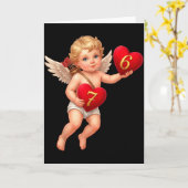 キューピッドが6と7のハートを持ってバレンタインメモ 可愛い カード (黄色い花)