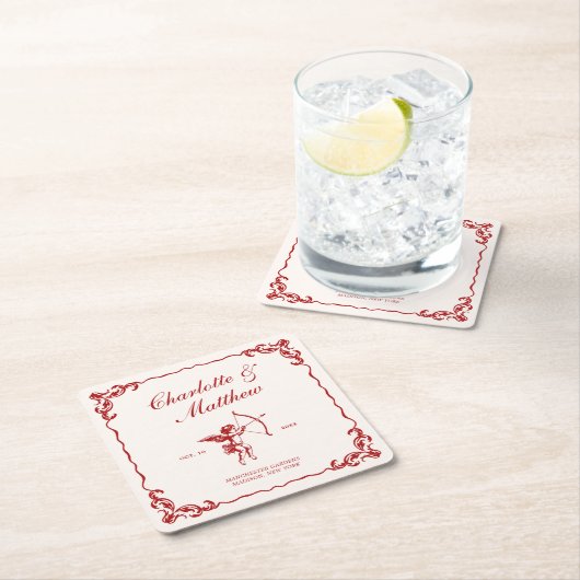 キューピッドのアロー赤ヴィンテージウェディング スクエアペーパーコースター (インサイチュ)