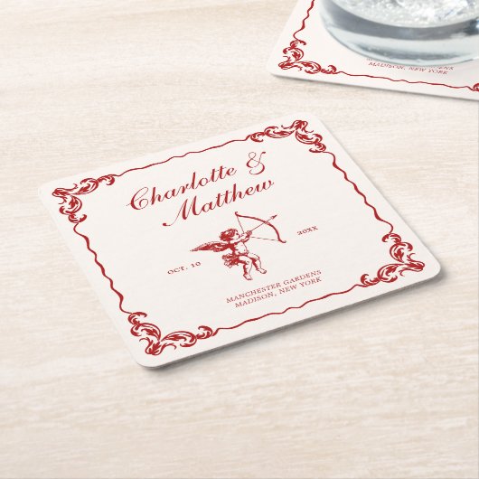 キューピッドのアロー赤ヴィンテージウェディング スクエアペーパーコースター (アングル)