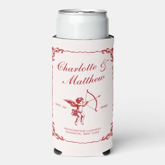 キューピッドのアロー赤ヴィンテージウェディング スリム缶クーラー (Seltzer正面)