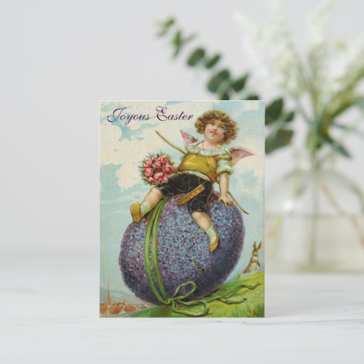 キューピッドの天使のバラのイースターエッグの郵便はがきのヴィンテージ シーズンポストカード (スタンド正面)