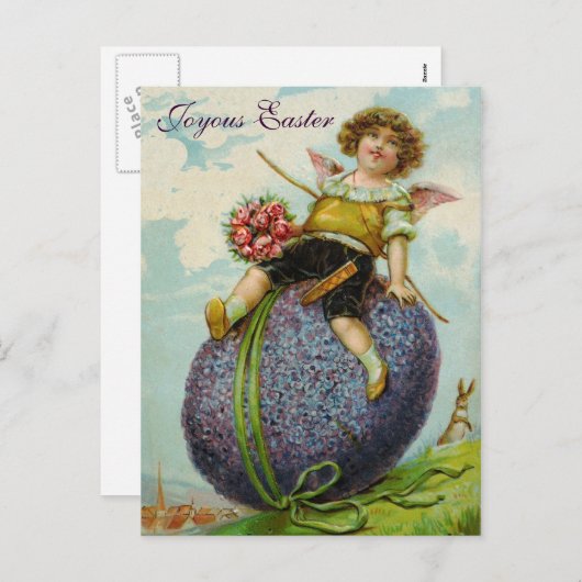キューピッドの天使のバラのイースターエッグの郵便はがきのヴィンテージ シーズンポストカード (正面/裏面)