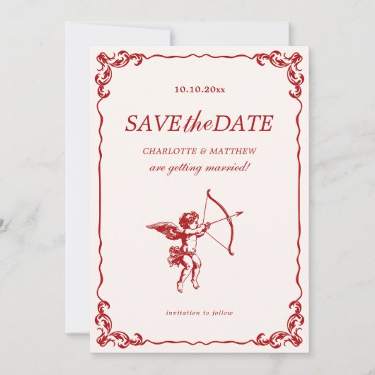 キューピッドの矢印レッドヴィンテージウェディング日付を保存 招待状 (正面)