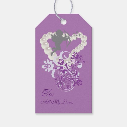 キューピッドフローラパールハートパープルギフトラベル ギフトタグ (正面)