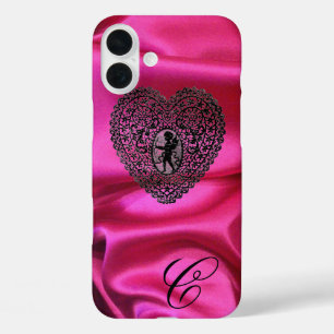 キューピッドレースハートシルクブラックフクシアクロス モノグラム iPhone 16 PLUSケース