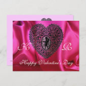 キューピッドレースハートシルク明るい赤紫色クロス、ピンクブラック シーズンポストカード (正面/裏面)