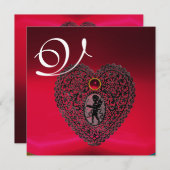 キューピッドレースハートモノグラム、赤ブルゴーニュ黒 案内状 (正面/裏面)