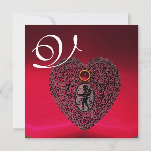 キューピッドレースハートモノグラム、赤ブルゴーニュ黒 案内状 (正面)