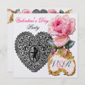 キューピッドレースハート及びピンクローズバレンタインモノグラム 招待状 (正面/裏面)