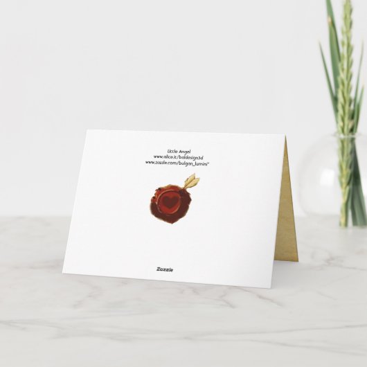 キューピッド付きのレディ、赤いハートワックスシールバレンタインデー シーズンカード (裏面)