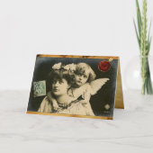 キューピッド付きのレディ、赤いハートワックスシールバレンタインデー シーズンカード (正面)