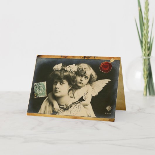 キューピッド付きのレディ、赤いハートワックスシールバレンタインデー シーズンカード (正面)