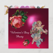 キューピッド集めピンクのバラ、バレンタインモノグラム 招待状 (正面/裏面)