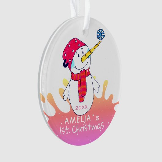 キュー雪だるまピンクベビー`s初めてのクリスマス オーナメント (正面)