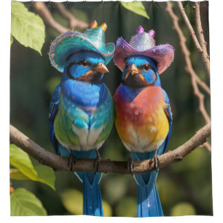 キラキラしたカウボーイハットの青い鳥 シャワーカーテン