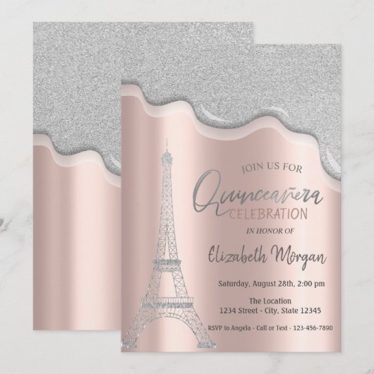 キラキラしたドリップ+Eiffel+Tower+Quinceañera 招待状 (正面/裏面)