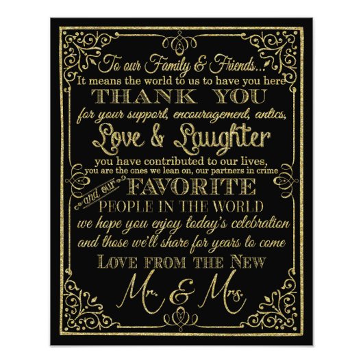 キラキラした金ゴールドと感謝してい黒いあなた結婚のサイン フォトプリント            (正面)