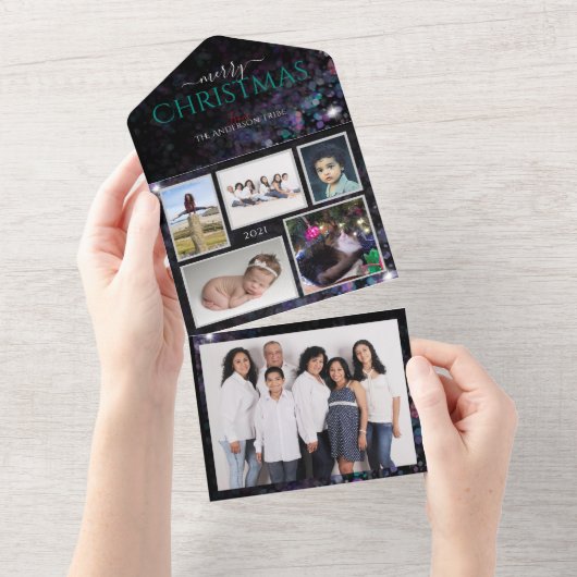 キラキラとしたパーソナライズされた家族の写真 クリスマスカード オールインワン招待状 (貼ってはがせる)