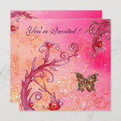 キラキラとピンクの結婚式エレガントのパーティーの蝶 招待状 (正面/裏面)