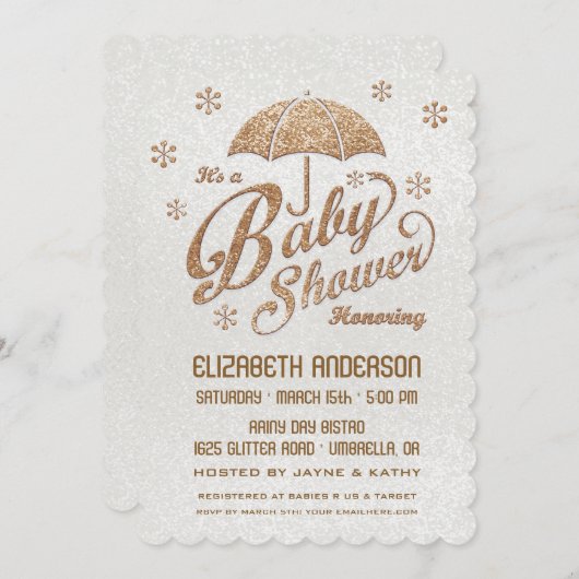 キラキラと冬の白と金ゴールドベビーシャワー招待状 招待状 (正面/裏面)