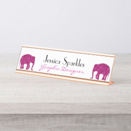 キラキラと熱いピンクの象フェイクがあなたの名前を輝かせる デスクネームプレート