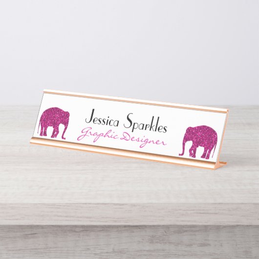 キラキラと熱いピンクの象フェイクがあなたの名前を輝かせる デスクネームプレート (正面)