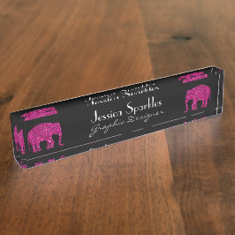 キラキラと熱いピンクの象フェイクがあなたの名前を輝かせる デスクネームプレート