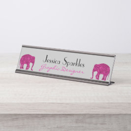 キラキラと熱いピンクの象フェイクがあなたの名前を輝かせる デスクネームプレート