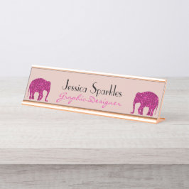 キラキラと熱いピンクの象フェイクがあなたの名前を輝かせる デスクネームプレート