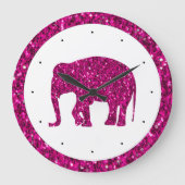 キラキラと白いピンクフェイクのゾウの輝き ラージ壁時計 (正面)