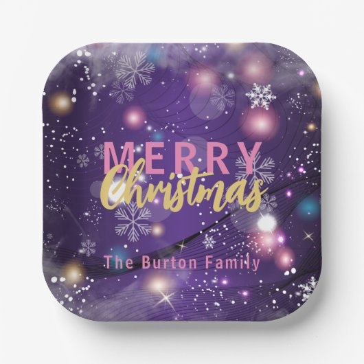 キラキラと紫の冬の不思議の国メリークリスマス ペーパープレート (正面)
