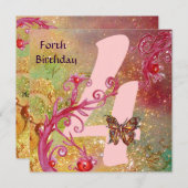 キラキラと蝶の誕生日パーティー、ピンク 招待状 (正面/裏面)