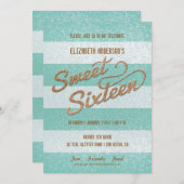キラキラと輝くはっきりしたティール(緑がかった色)ストライプSweet sixteenパーティー 招待状 (正面/裏面)