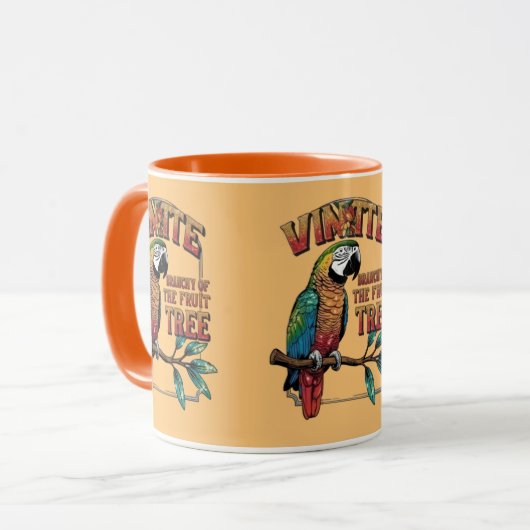 キラキラと輝くパーチ鮮やか：果樹のオウム マグカップ (正面左)