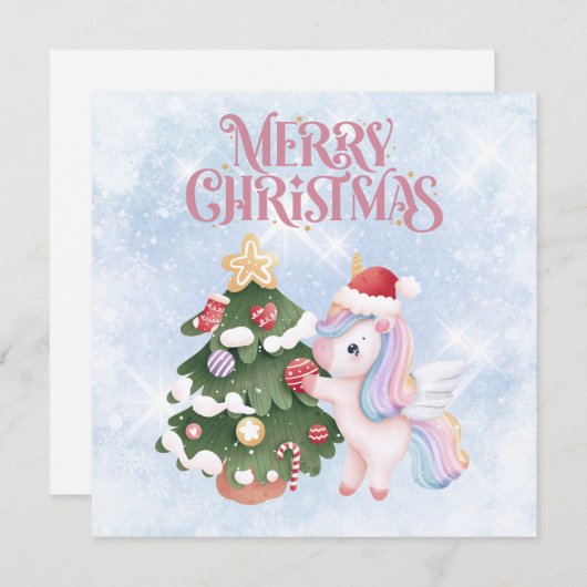 キラキラと輝く青い空の上のユニコーンとクリスマスツリー シーズンカード (正面/裏面)