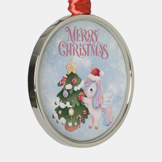 キラキラと輝く青い空の上のユニコーンとクリスマスツリー メタルオーナメント (右)