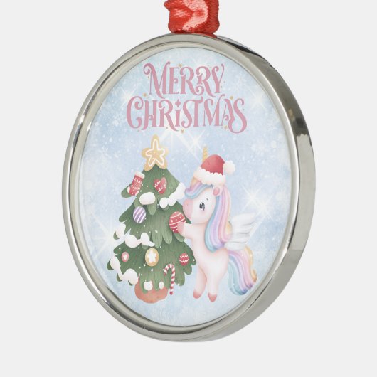 キラキラと輝く青い空の上のユニコーンとクリスマスツリー メタルオーナメント (左)