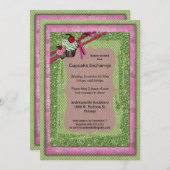 キラキラのグリーンとピンクのカップケーキ交換のお誘い 招待状 (正面/裏面)