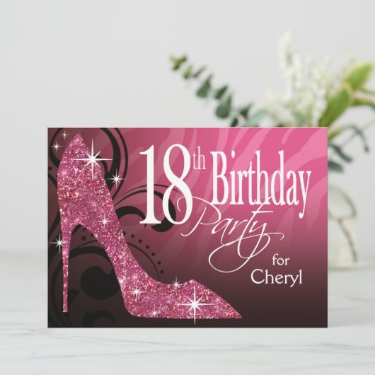キラキラのスティレットヒール ゼブラ 18歳の誕生日 ピンク 招待状 (スタンド正面)