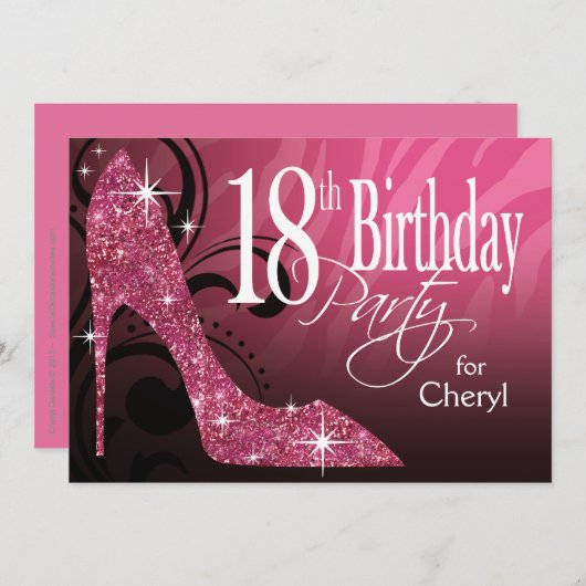 キラキラのスティレットヒール ゼブラ 18歳の誕生日 ピンク 招待状 (正面/裏面)