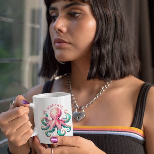 キラキラのタコの水色モノグラムコーヒーマグ コーヒーマグカップ