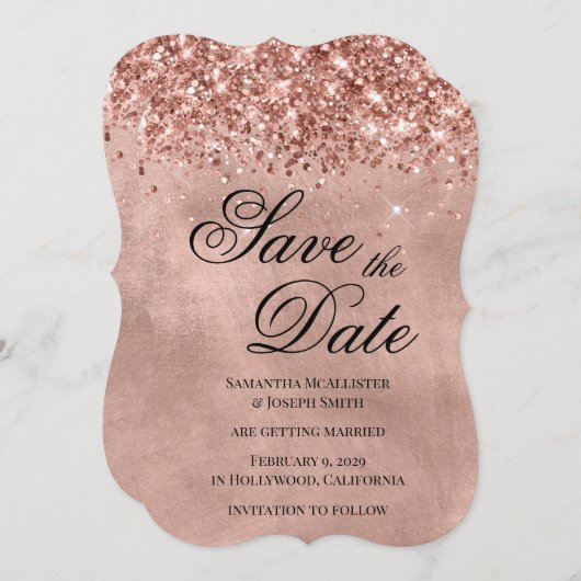 キラキラのローズゴールド Save the Date (正面/裏面)