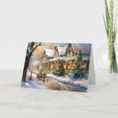 キラキラの休日の喜び少年そりを引く カード (正面)