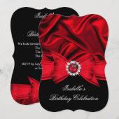 キラキラの偽宝石 赤いリボン 黒の誕生日パーティー 招待状 (正面/裏面)