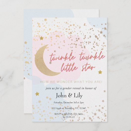 キラキラの小さな星のジェンダーが招待状を明かす 招待状 (正面/裏面)