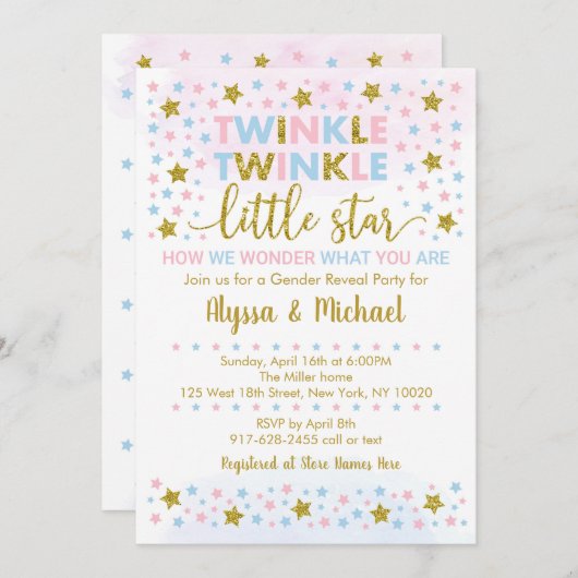 キラキラの小さな星のジェンダーの明け 招待状 (正面/裏面)